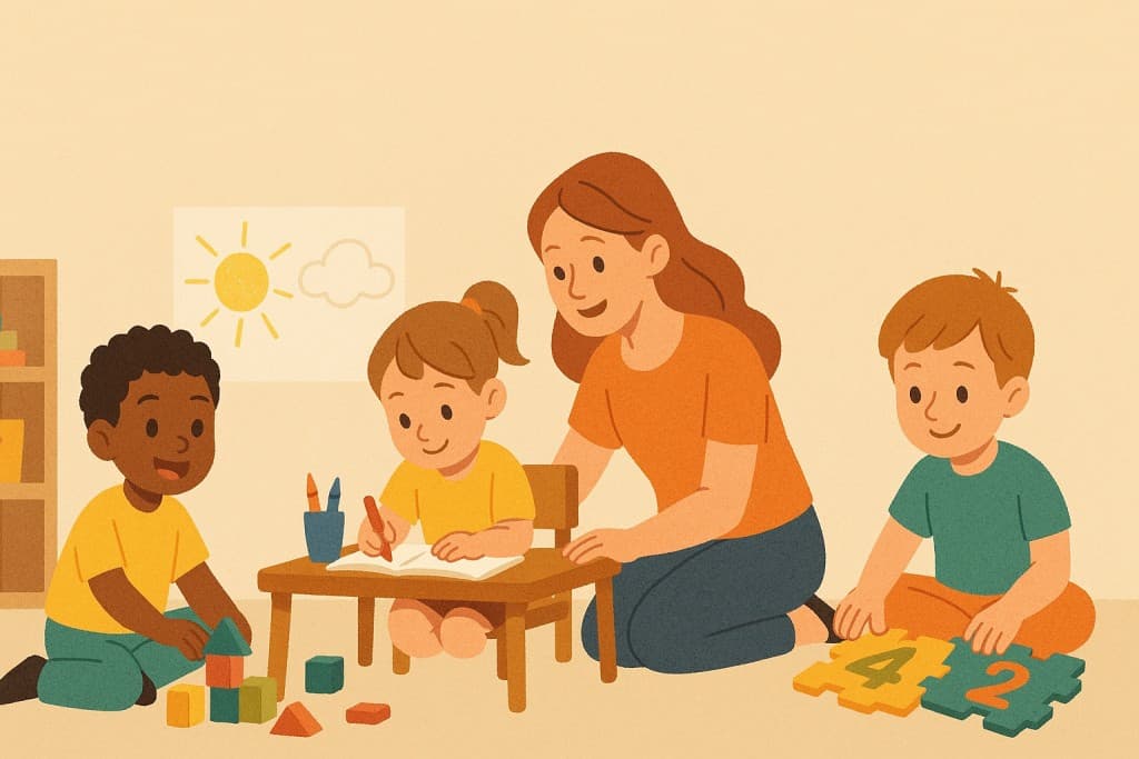 Teacher and children in a kindergarten learning space