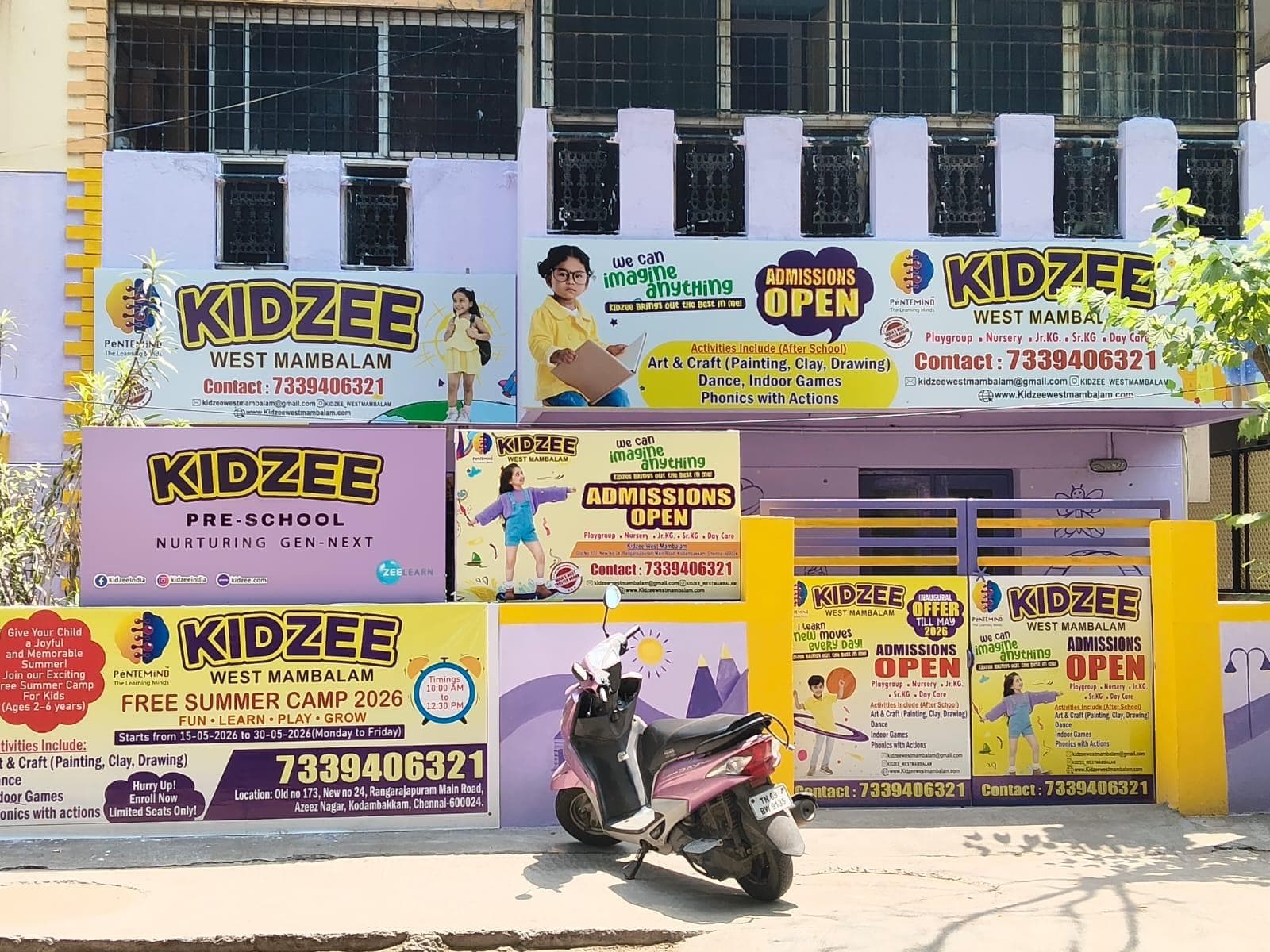 Kidzee West Mambalam campus front with admissions banners